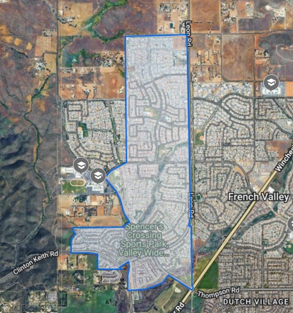 Map outlining the Spencer's Crossing community boundary, with Leon Road on the east side and Clinton Keith Road to the southwest